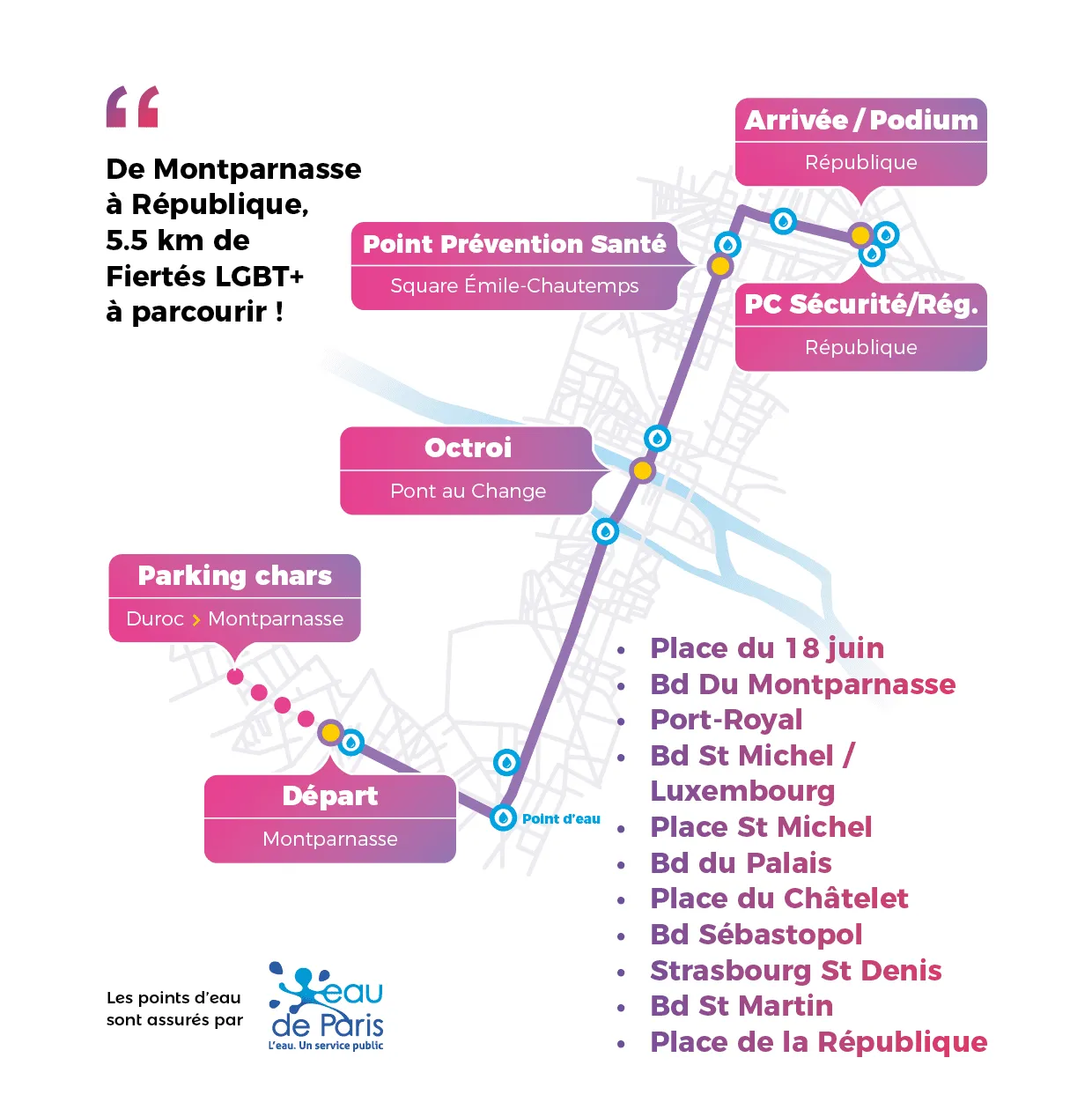 Carte du parcours de la marche des Fiertés 2019 à Paris