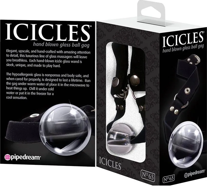 Bâillon Icicles Glass Ball Gag présenté dans sa boîte de protection
