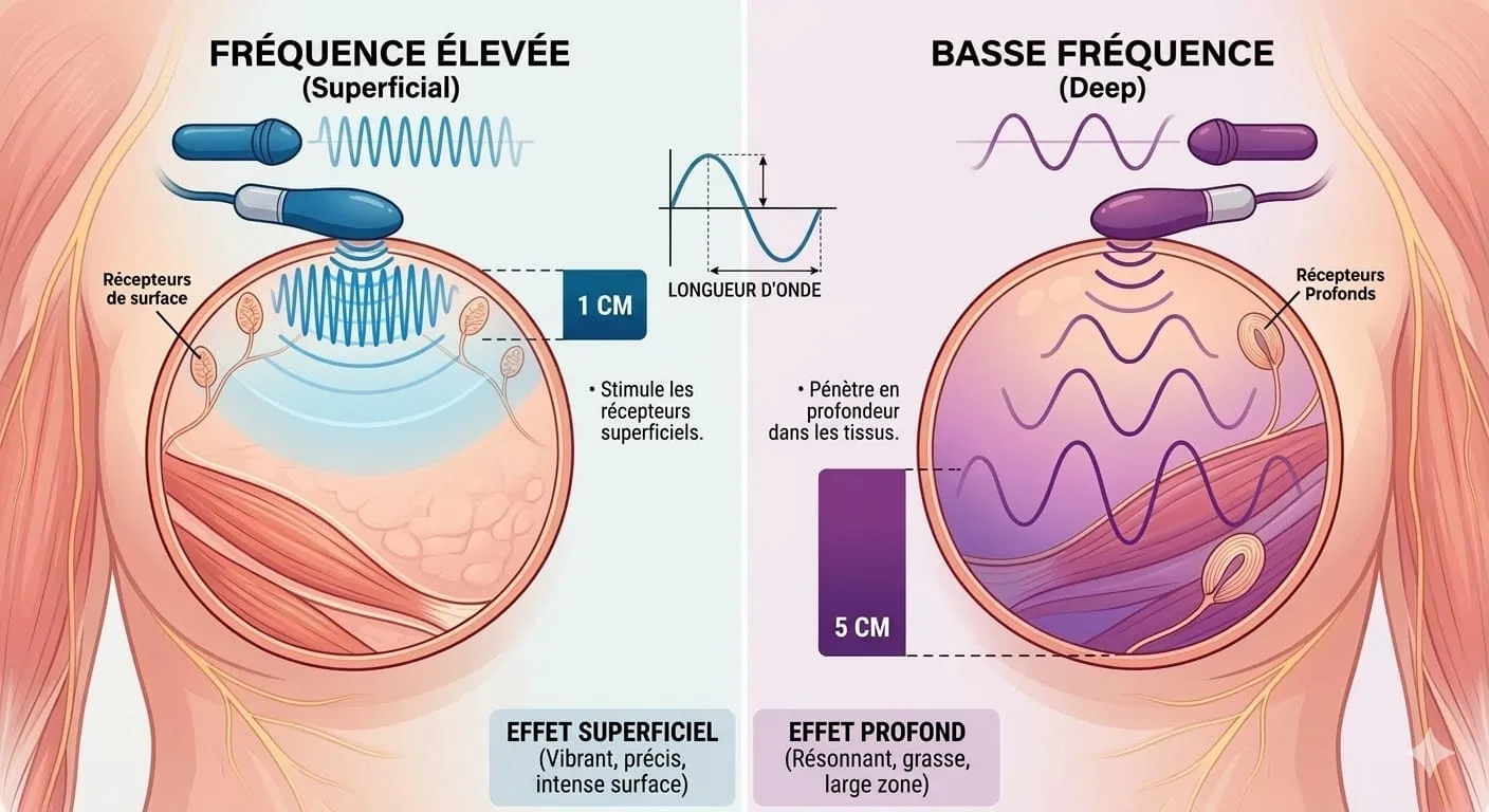 Schéma comparatif entre les ondes de haute et basse fréquence pour les vibromasseurs