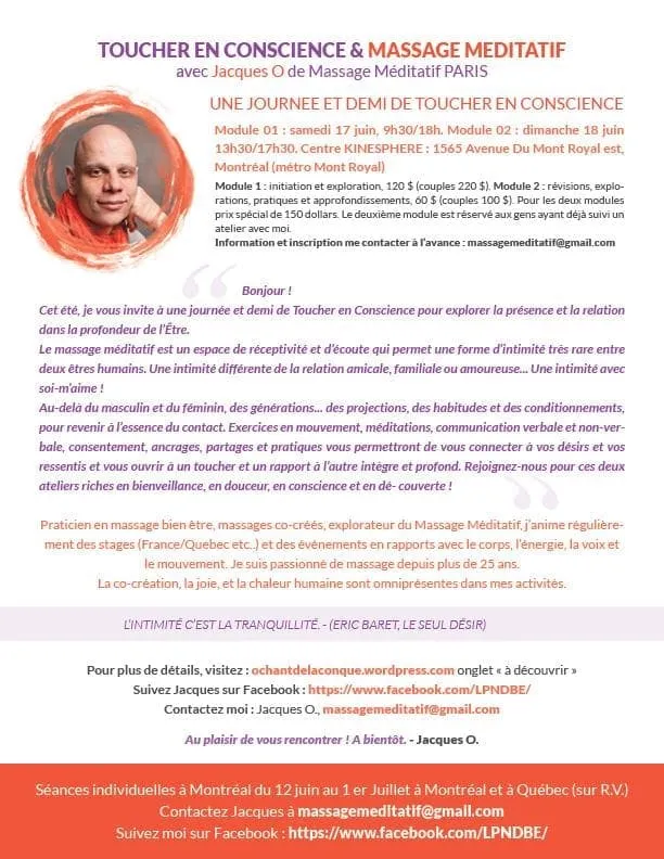 Flyer informatif détaillant les principes du massage méditatif de Jacques