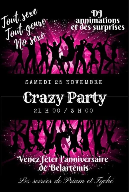 Soirée Crazy Party du 25 Novembre, une soirée libertine ouverte à tous les genres mais no sex
