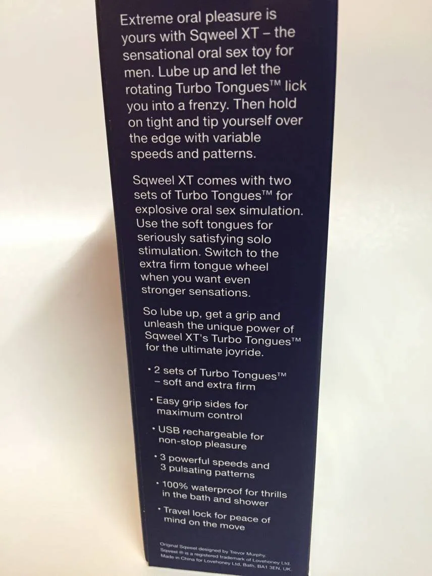 Détail du packaging du Sqweel XT promettant un plaisir oral extrême