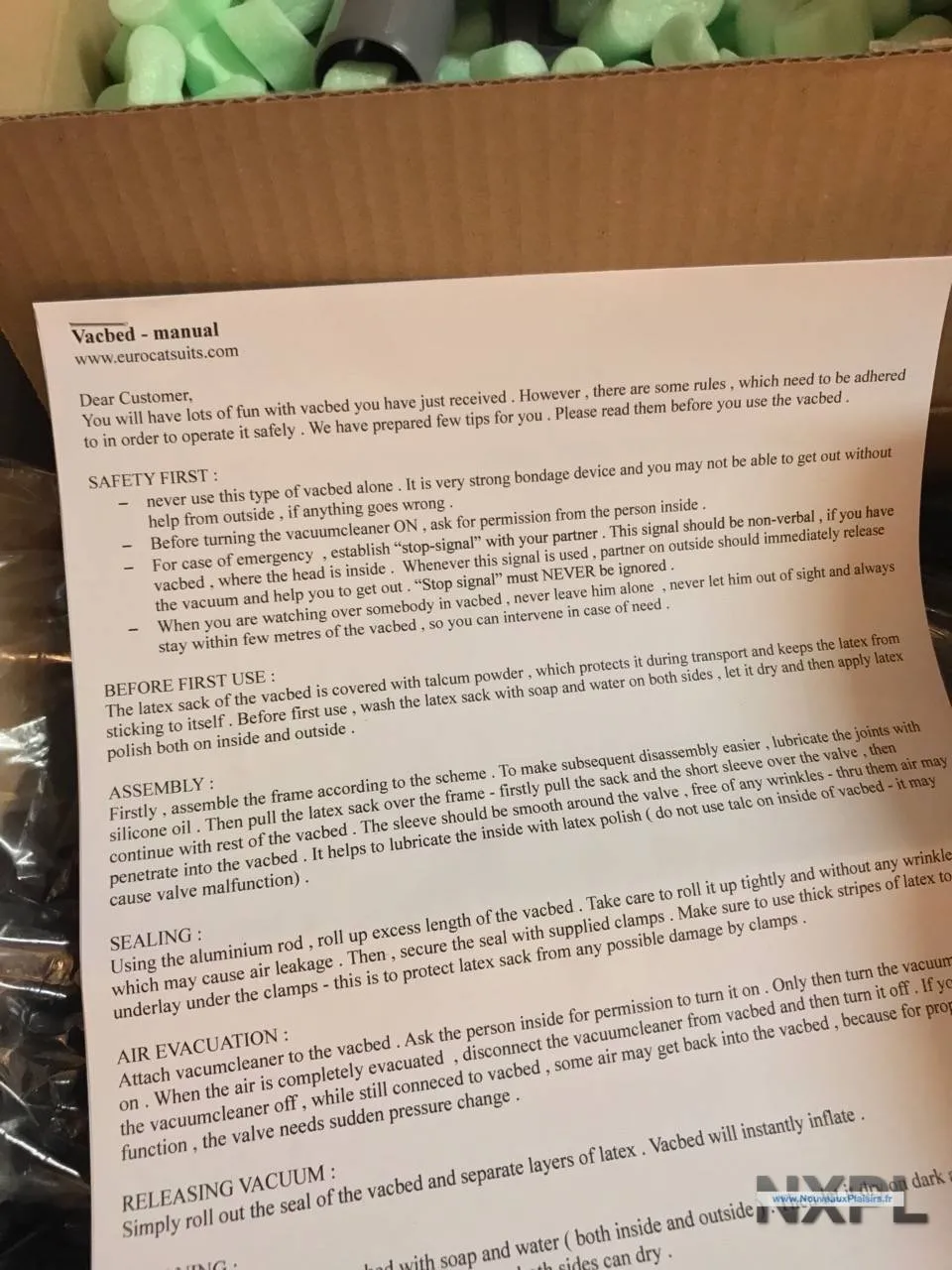 Notice de sécurité fournie avec le VacBed Eurocatsuits