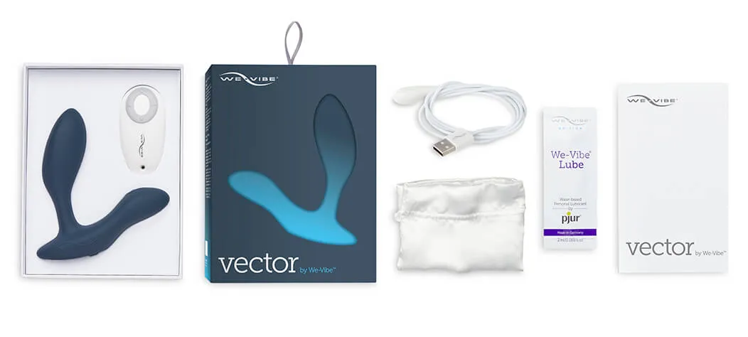 Contenu de la boîte du masseur prostatique We Vibe Vector avec ses accessoires